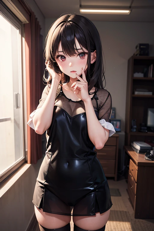 masterpiece, 8k, 1girl, Iino Miko, brown hair, short hair, brown eyes, (black dress), black tights, thic thighs, (sitting on bed), sitting, ((naked pussy)), ((pussy)), yellow bandage on arm, (from above), ((transparent outfit)), nipples, ((transparent dress)), ((wet clothes))