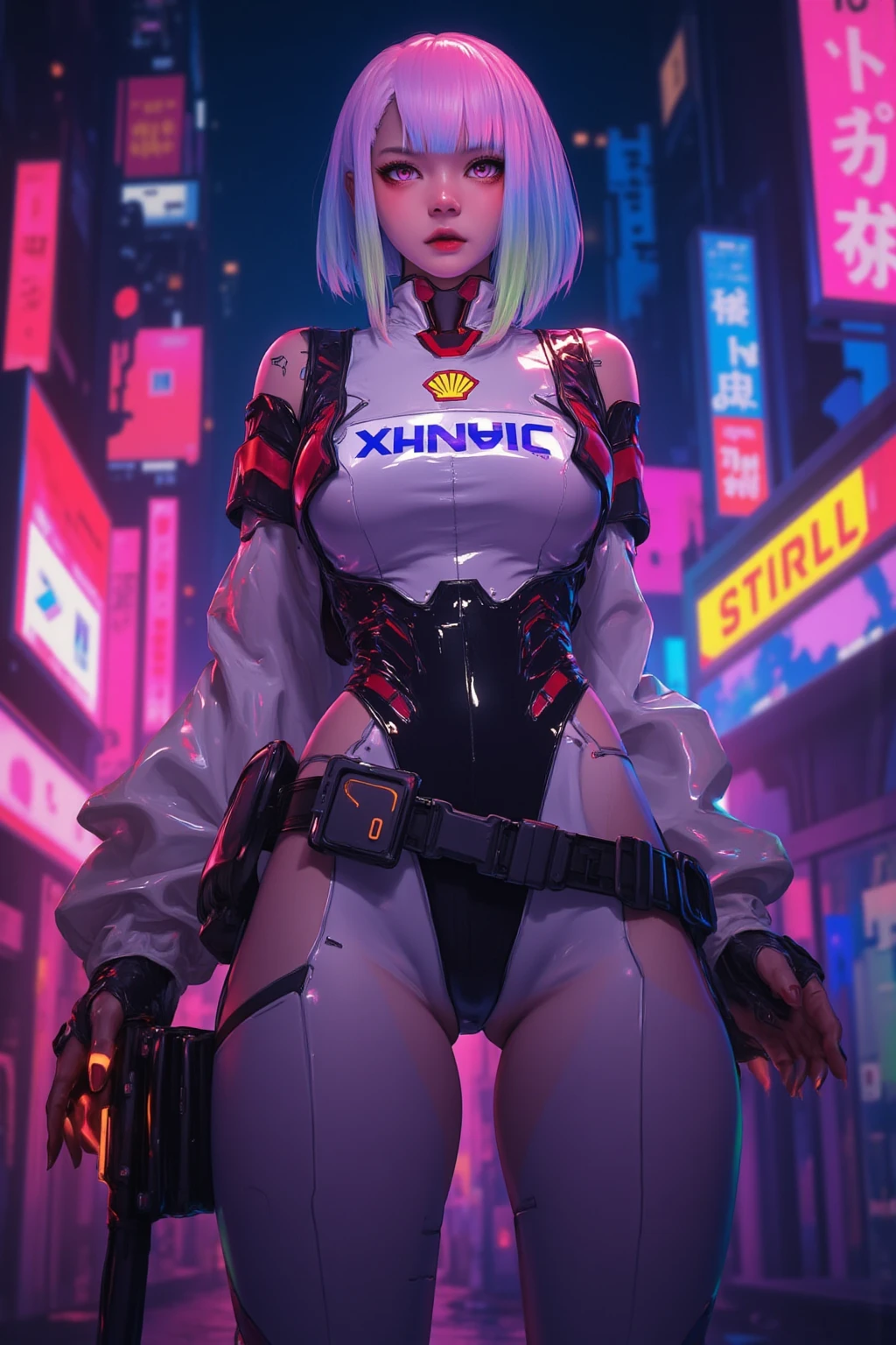 (La Mejor calidad,A high resolution,Ultra - detallado,actual),Ariana Grande, con cola de caballo use botas blancas .( White color you are a cyber girl:1.4 ) .. Ropa como catsuit.( El cabello es blanco:1.4) . Led como. estilo taciturno. And both hands also have LED light..More detailed 8K.Motor irreal:1.4,HD,La Mejor calidad:1.4, fotorrealista:1.4, textura de la piel:1.4, Obra maestra:1.8,Obra maestra, Mejor calidad,objeto Objeto], (rasgos faciales detallados:1.3),(Las proporciones correctas),(Ojos hermosos azules),  (pose vaquero), (perfect anatomy:1.4 ), ,( ciberpunk 2.1),