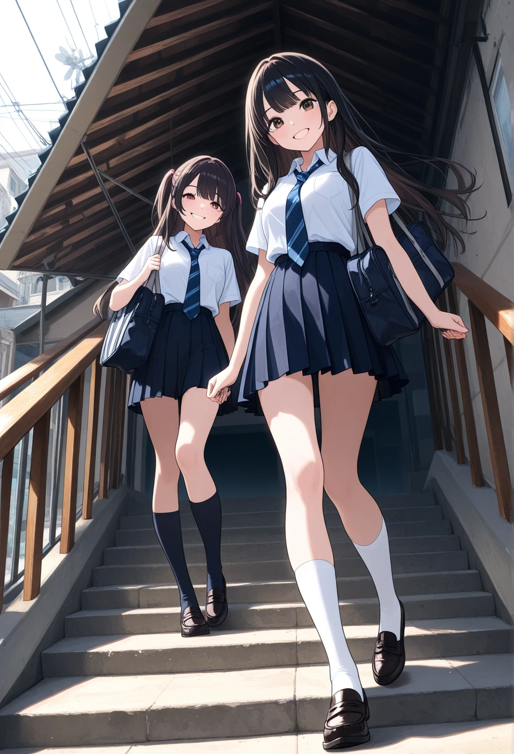 Highest quality, Ultra-high resolution,Official style cel animation,(Multiple Views)Amagami Tsukasa Ayatsuji,high school girl,uniform,Grey mini skirt,Summer Shirts.Unlock button,good,panties,Long Hair,Straight hair,Full body portrait,From below,In front of the station,sunny,smile,Low Angle