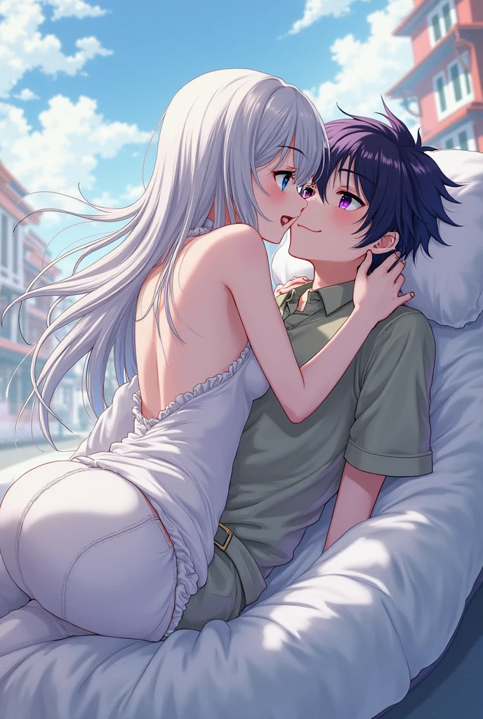 masterpiece, (best qulaity:1.3), 8K, wallpaper, depth of field, beautiful detailed eyes, (1girl, la folia rihavein, white hair, (long hair:1.15), ass, window, (completely nude, sea, cityscape, night sky:1.2), (on_bed:1.25), sheet, indoors, pussy), (1boy, penis, (spread legs, stradling, girl on top:1.3), vaginal, hetero, smile, closed mouth, pussy juice, cum in pussy, (blush, pov crotch:1.25), (from behind, reverse cowgirl position, sex:1.4)) <lora:la_folia:0.8>