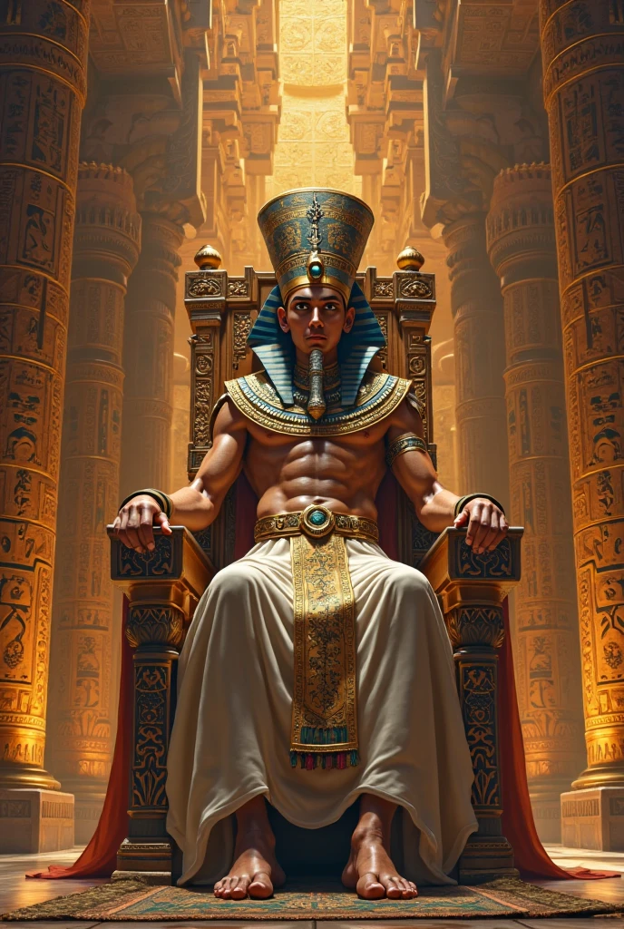Powerful warrior, chest bared, lower body uncovered from thighs to feet, luxuriant long curls, meticulous muscle definition, photorealistic rendering, 4K resolution. Background: Ancient Egyptian temple complex,32k uhd, best quality, masterpiece, super detail, high details