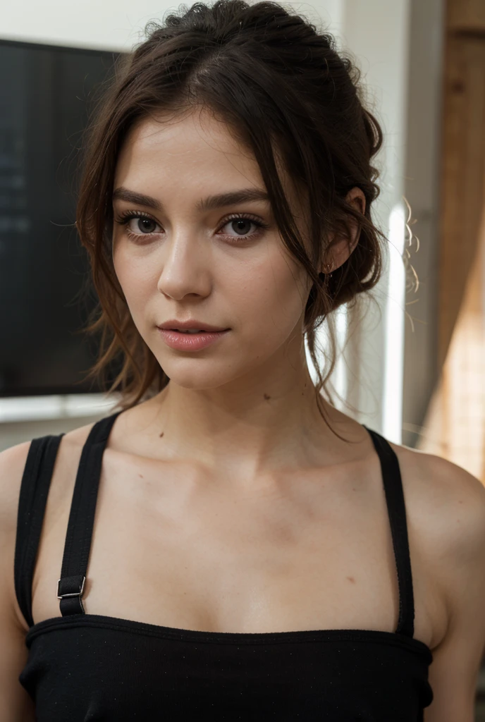 Photo oF a 15 year-old American girl, .crudo, beautiFul woman, (Long brown hair with ponytail.), light brown hair ponytail hairstyle((retrato)), ((Cara detallada:1.2)), ((Detailed Facial Features)), (Piel Finamente detallada), pale skin , ojos azules , Small nose , 、un sexy(cold color), wet, wet, ReFlectoreasutepiece) (proporciones perFectaotos realistas)(La mejor calidad) (Detallado) FotograFiado con una EOS R5 de Canon, lente de 50 mm, F/2.8, NFFSW, (8k) (papel tapiz) (cinematic lighting) (dramatic lighting) (sharp Focus) (Enrevesado) senos grandes , pechos grandes , pecas en mejillas y nariz , cuerpo completo , hermoso cuerpo de adolesente , posando sexy a la camara , posando de Frente para la camara ,lindo maquillaje , gran sonrisa  ,sala de estar , vestido de noche