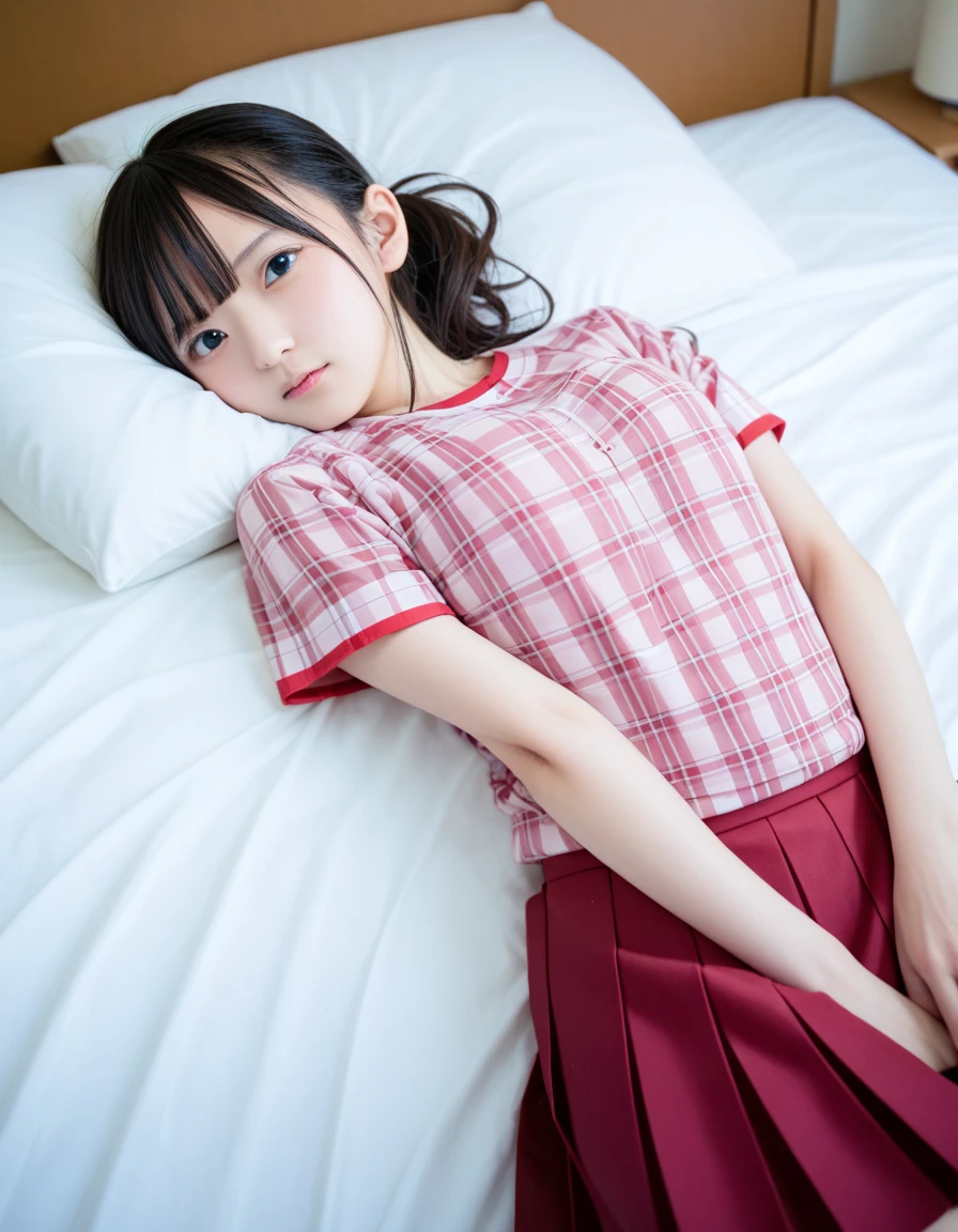 Bedroom、Lie down in bed、take off your clothes、crying and hating、Are crying、cry、tears、Model clothing、Elementary school girl、Large-scale full-body shot