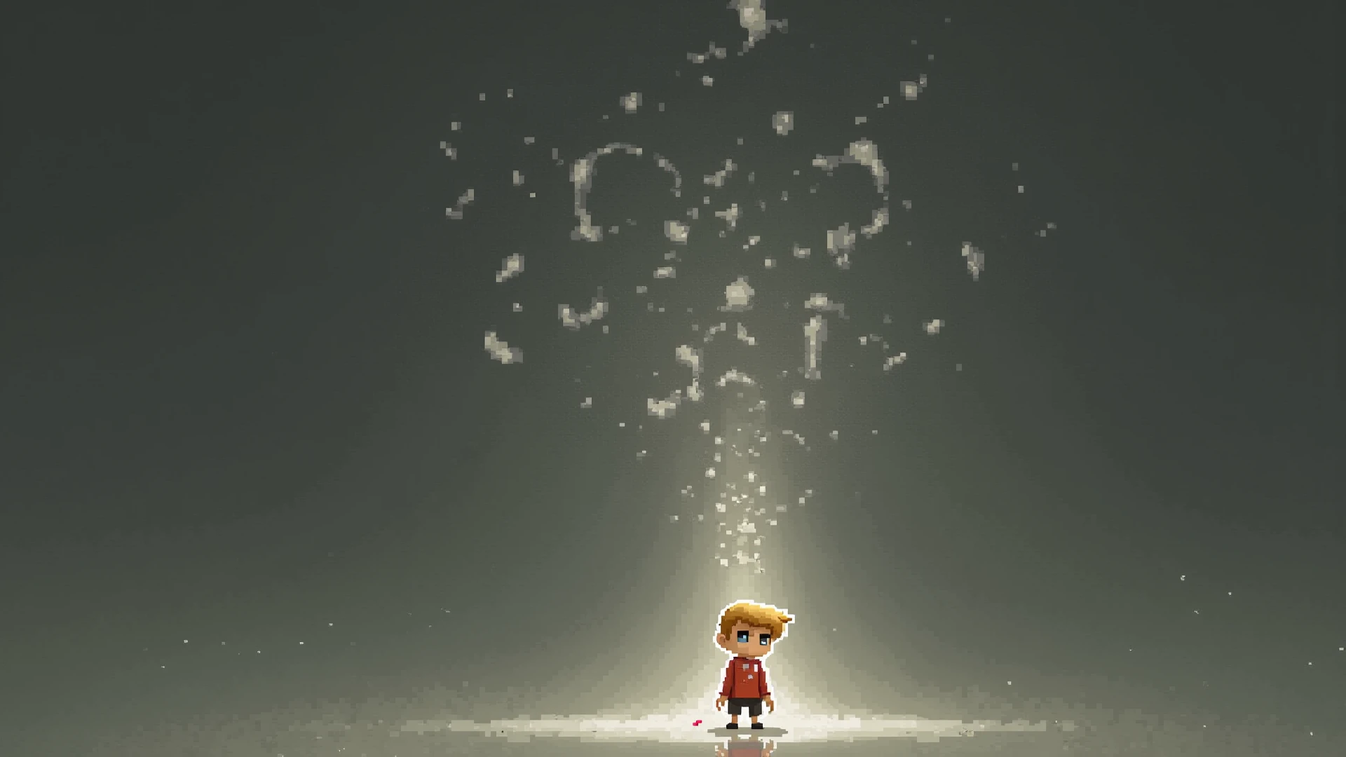 T letter in 3D
 and young boy stail look standing with support of T letter
 ,in dark night


