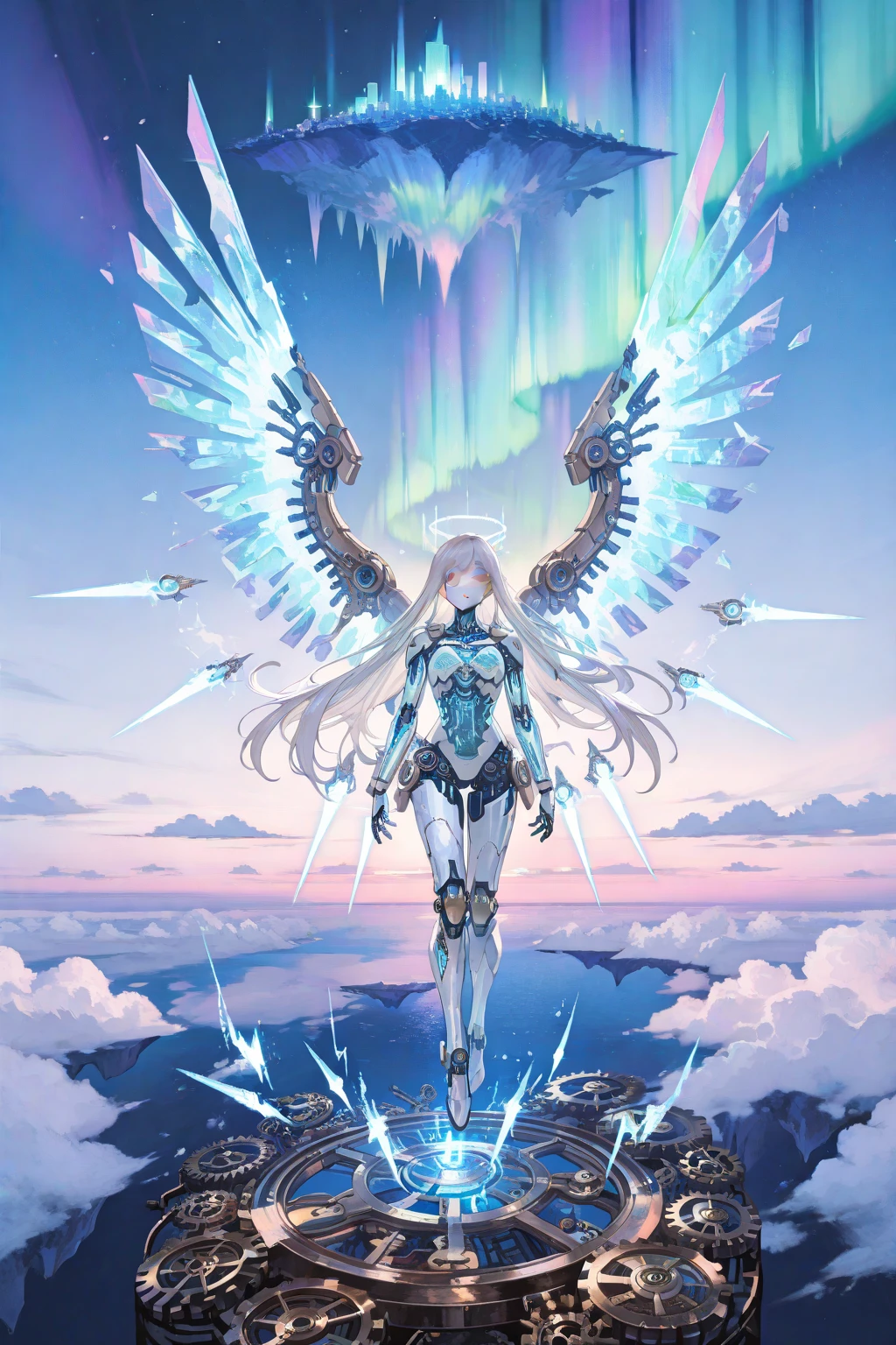 masterpiece, best quality, colorful, cowboy shooting, (pale skin:1.2), flat chest, Mecha, armor, girl,Mechanical_Body, High resolution, white hair, Very long hair, garlic, , alone, blue eyes, white coat, Soft fabric waist extension, blue energy, destroy, quantum energy, Mechanical wings