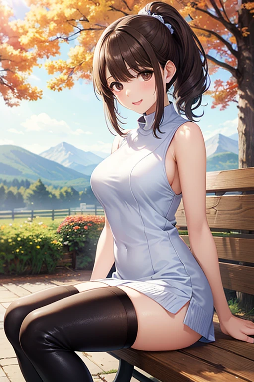 anegasaki nene、Shiny brown hair, short hair, (Beautiful brown eyes、Sparkling eyes, Fine grain)、smile、Ultra-detailed eyes、Highly detailed face, Highly detailed eyes,Cowboy Shot、
((masterpiece)),(((Highest quality))),Beautiful thighs,Long legs,
(One girl:1.3),(Viewer Display:1.4),(Pointy high heels,, :1.3),(Sit with your legs apart on the top of a mountain:1.2),
(Wearing a dress of flowers and plants:1.2),She is sitting:1.5,