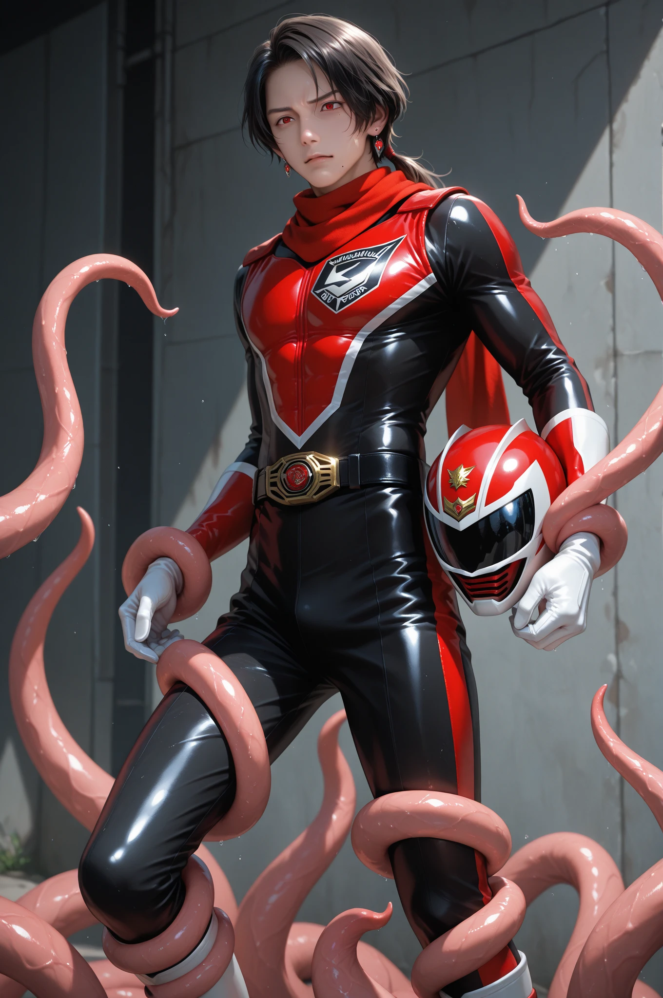 Japan 12 year old boy、Wears a blue shiny spandex hero suit。There is a transformation belt on the waist。fight the octopus monster、A photo of a person looking like they are in pain because they are tangled up in tentacles