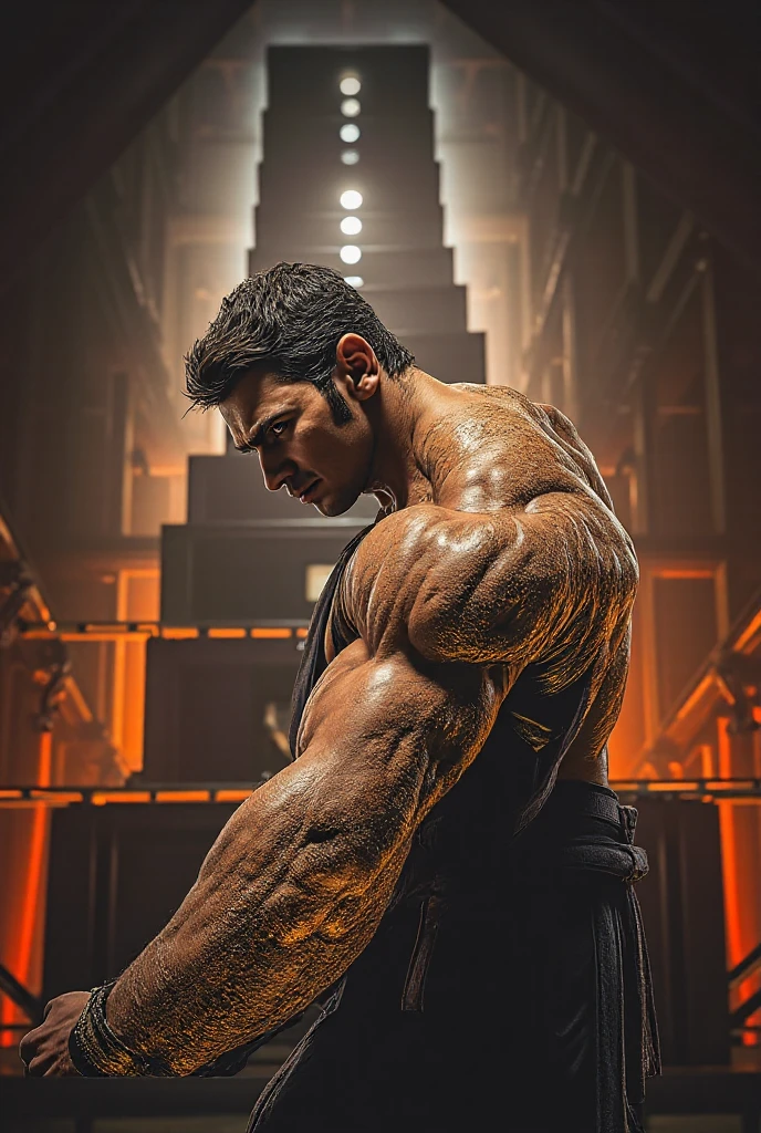 there is a man standing in a room with a chandelier in the background, with abs, posing and flexing, lean but muscular, slender and muscular build, ernest khalimov body, fit pic, mid-shot of a hunky, lean and muscular, fit physique, shirtless, fairly muscular, artem, maxim sukharev, strong and muscular --auto --s2