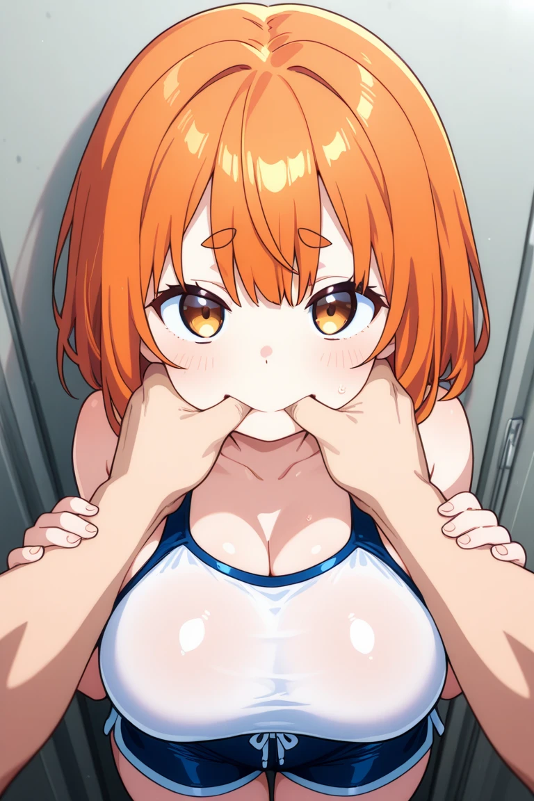 Nami on her knees with cum all over her face