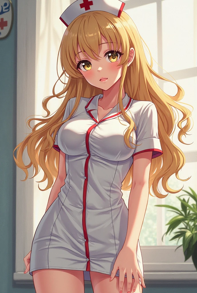 masterpiece,highest quality,32K,ultra detailed,young woman,light brown eyes,light makeup, medium breasts,cleavage,fair skin,shiny skin,happy smile,silky hair,bangs,long hair,straight hair,blond,white nurse costume,looking at viewer,ccowboy shot,from front,hospital room,at night