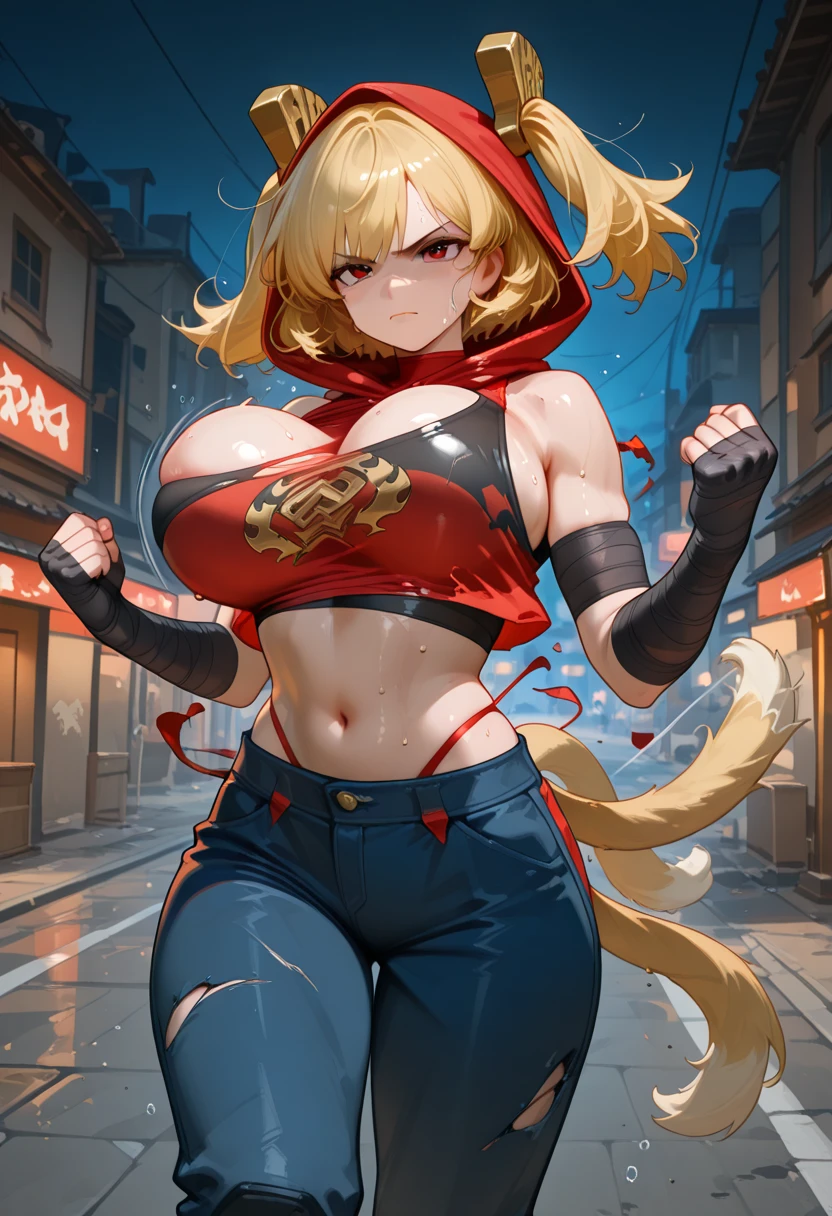 (1 mature female ninja,Age 35), ((Pub,guild)),(smile),Dynamic pose,Dynamic Angle,Pose for a photo,From below,Elderly woman、Trading Card Game Frames、Highest Rare、Five Fingers、Signature mark、Big Butt、Yellow Hair、Fighting Pose、Ninja costume