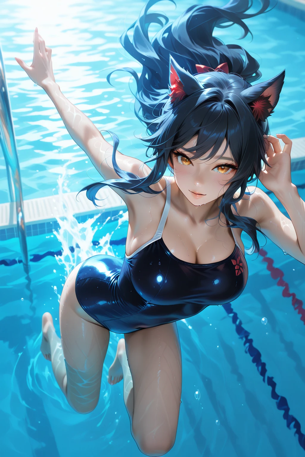 high resolution、Very beautiful woman、Very realistic photos、Very detailed depiction、The body is wet with water、nice smile、Beautiful Beach、Nice swimsuit、Well-shaped hands、well-shaped legs、sitting on the beach、1people、