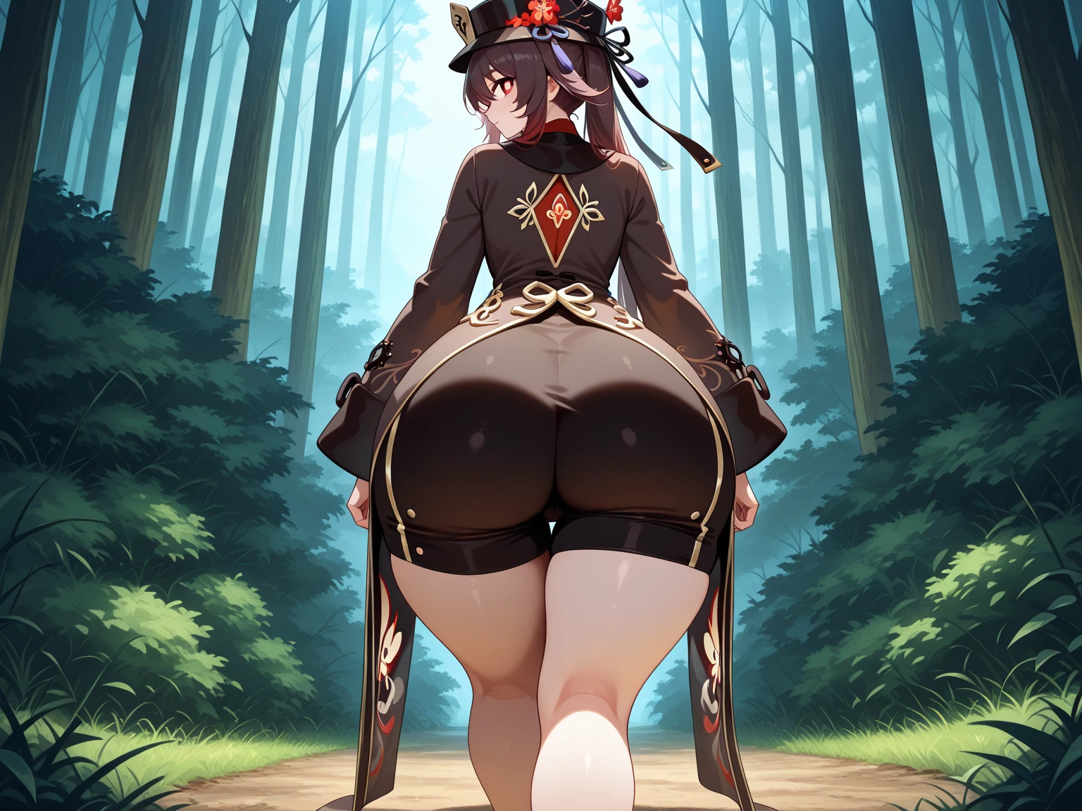 masterpiece, highest quality, High resolution, Highly detailed CG, First Default, First closure, in the forest, 裸のThighs, (Red shorts:1.5), 1 girl, belt, Bridal Legwear, chest, alone, smile, blush, White camisole, Head Ribbon, jewelry, One-handed gloves, (On your knees_boots:1.5), hair ornaments, Valletta, star ネックレス, star (symbol), White Hat, Brown gloves, (bare hands), ロングboots, short hair, leather belt, 茶色のbelt, Leather gloves, belly Button, サイboots, 白いThighs, Hugeなchest, (Long legs), (Stand with your feet together), (behind:1.5), (Huge_Butt), (Huge_Lower Body), (Very thick_Thighs), (stick your Butt back:1.5), (Here&#39;s the view from just below:1.5)