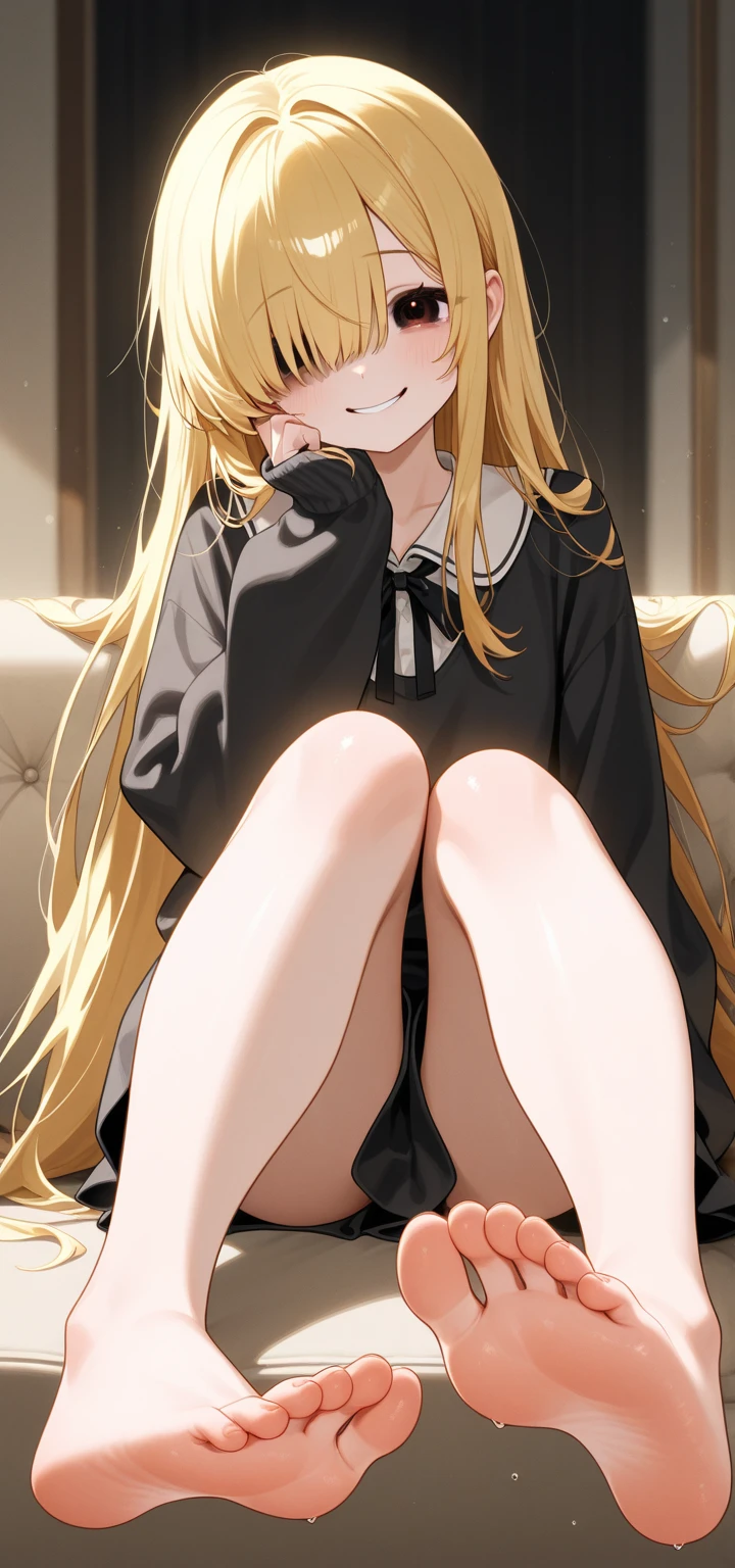 (Masterpiece:1.2, Best quality), (Real picture, Intricate details), 1lady, Solo, Sitting down, show legs, expose feet, Show the sole, Long hair, minimal makeup, Natural fabrics, close-up face, Fake smile, mischievous face, Bare feet, Feet in front of the camera, Long light platinum blonde hair, bangs, Korean bangs, Bangs on the forehead, Green eyes, school uniform, School T-shirts, school skirt, Pleated skirt, Big breasts, to the, Mature body, Mature face, Detailed face, Correct foot anatomy, Foot anatomy, Sexy feet, Feet pointing to the audience, Foot, A sole, Detailed feet, Correct foot anatomy, A sole, Sitting down.
