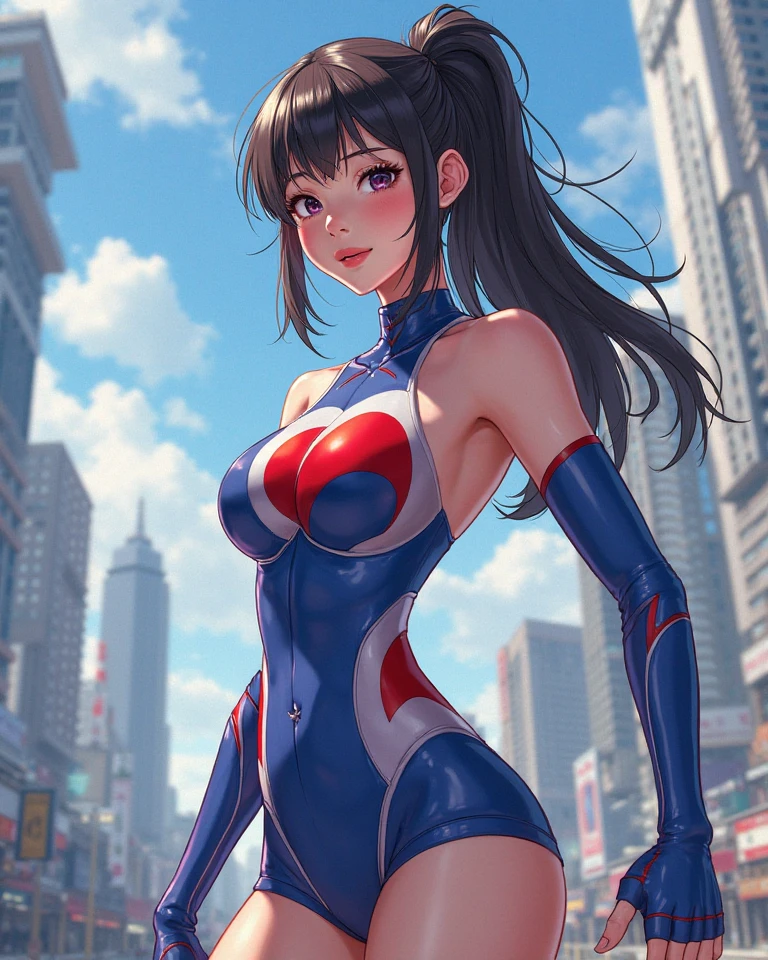 (masterpiece:1.2, best quality), 1girls, solo , young teen 13yo, slim, (Ultraman costume), long hair, smile, fun, laugh, play, (sitting on building), (spread legs), (hands fingering), city background, summer, vibrant colors, bright, watercolor
