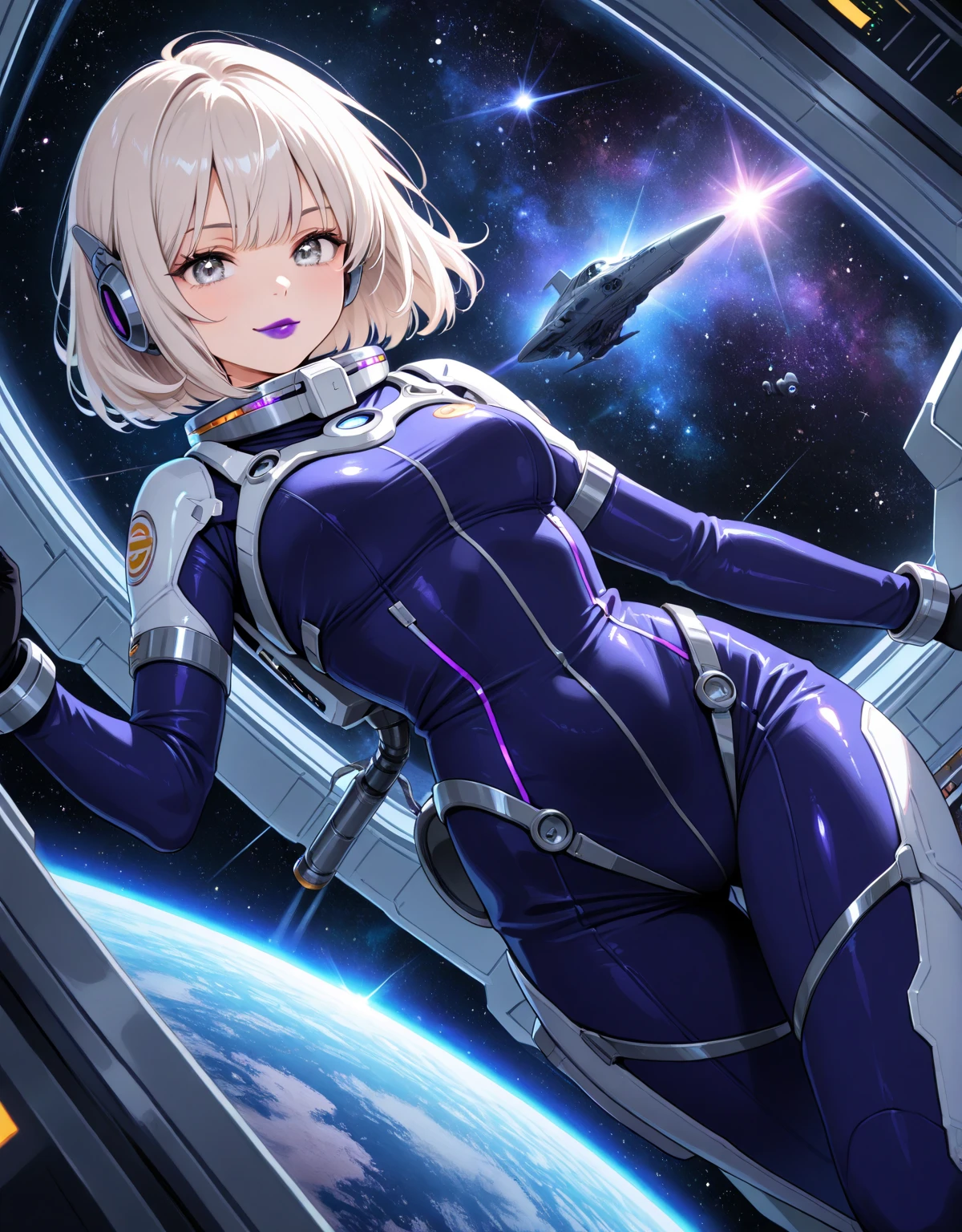 sp4c3w0m3n woman with blond hair, wearing a purple and black space suit, pinup pose, on spacenave.