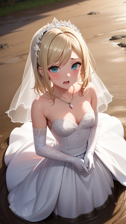 masterpiece, best quality, highly detailed, ultra high res, ayase arisa, 1girl, solo, hair ornament, long blonde hair, glossy lips, medium breasts, aqua eyes, wedding dress, upset, scared, elbow gloves, (quicksand:1.3), necklace, from above, (wedding dress spread on ground)