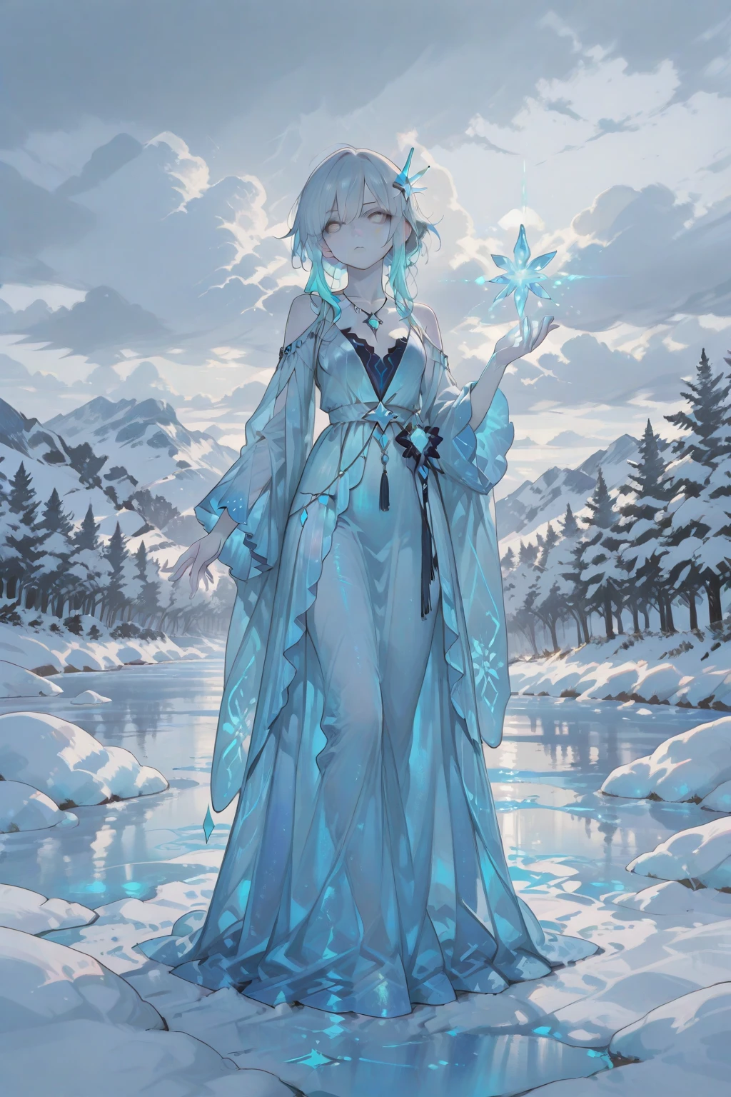 (best picture quality,4K,8K,HD,masterpiece:1.2),Super delicaifelike,Realistic,照片lifelike:1. 37),blue and white,water sprites,snow elf,dreamy atmosphere,Fantastic creatures,Glowing ethereal lamp,frozen garden,delicate snowflakes,A sparkling winter wonderland