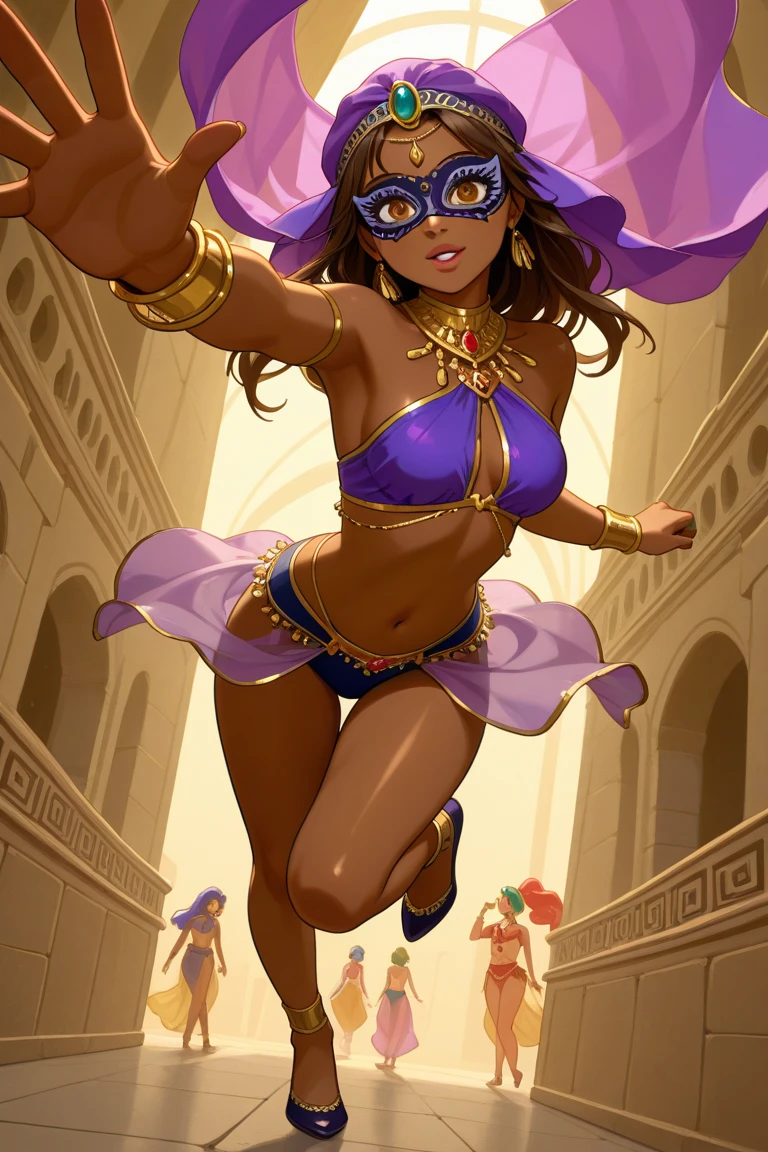 "Charming goblin girl harem and seductive woman proportions graceful long legs, Irresistibly beautiful dark skin, And a seductively curved figure."