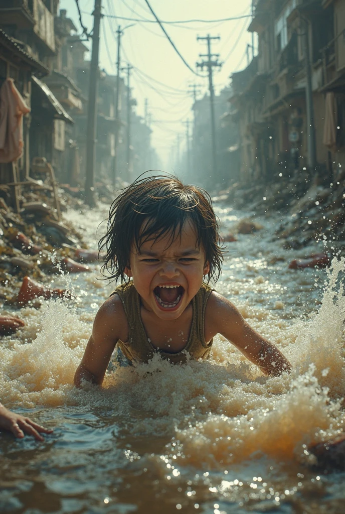 A child is drowning in flood