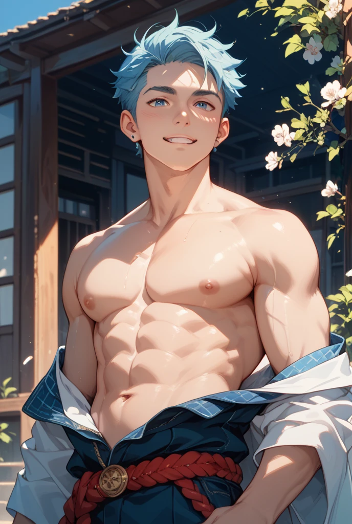 1 male, Japanese male model, high resolution 4k, adult, handsome, perfect face detail, detailed eyes and face, clean shaved, detailed muscular, white eyebrow hair, white eyelashes, Naked torso, Detailed face, perfect face, dynamic lighting, Real skin texture, detail Perfect hand, details, Real and complete hand details, unreal engine, hd picture, satoru gojo, Jujutsu kaisen, white hair, short hair ,hair between eyes ,blue eyes, white skin