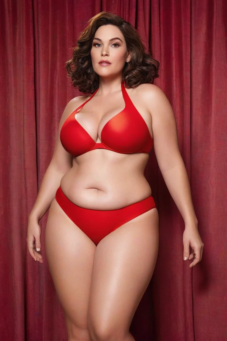1 mature woman in, age50, Solo, casual hair, curvy body, Looking at Viewer, grayblondehair, Bare shoulders, Brown eyes, jewely, Full body, a necklace, off shoulders, wearing red bikini elegant patterned, Realistic, A sexy, full body, studio Foto With Photographic equipment, views