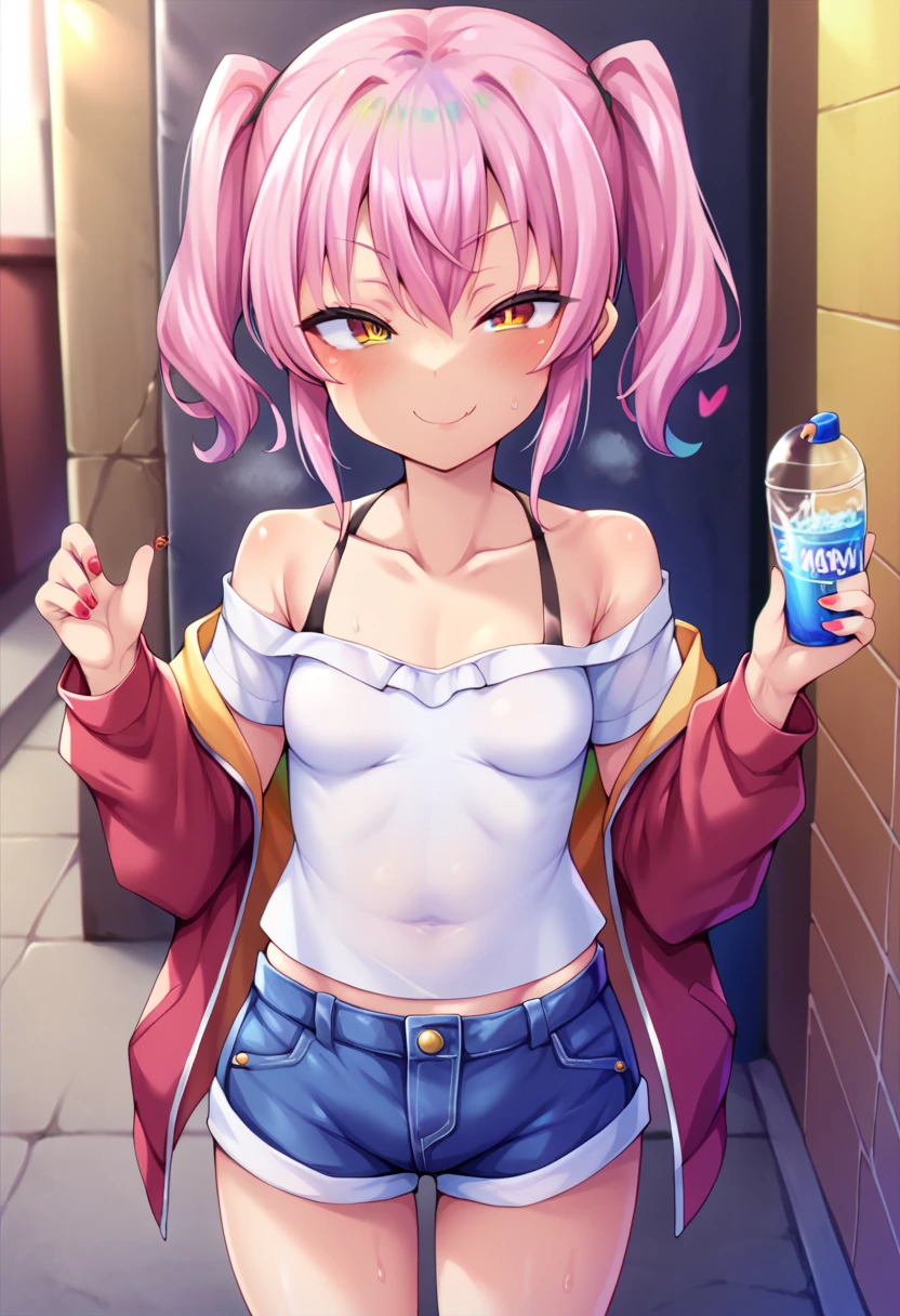 nsfw, masterpiece, 1 girl, erect nipples, intricately detailed, topless, navel, denim hotpants, kfc, bare shoulders, necklace, interior, dj, headset, baseball cap, citypop, erect nipples, puffy nipples, extremely detailed, photorealistic, octane render, 8 k, unreal engine, bare breasts, nipples, bare stomach, sweaty, people on background, moist breath, small breasts, flat chests, child, smiling, leaning forward, collarbone, wet body, pink hair, ray of lights, nipple-piercing, fast food counter, nipple chain