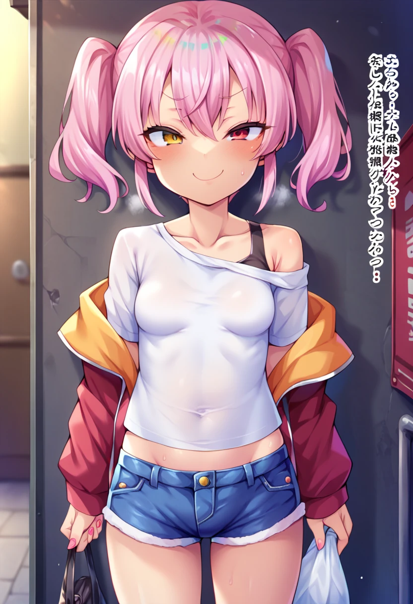 (masterpiece, best quality), 1girl, <lora:Microshirt_and_Wind_Lift_v1:1> croptop, underboob, nipples, no bra, crop top overhang, wardrobe malfunction, microshirt, undersized shirt, shirt wind lift, pink hair, large breasts,