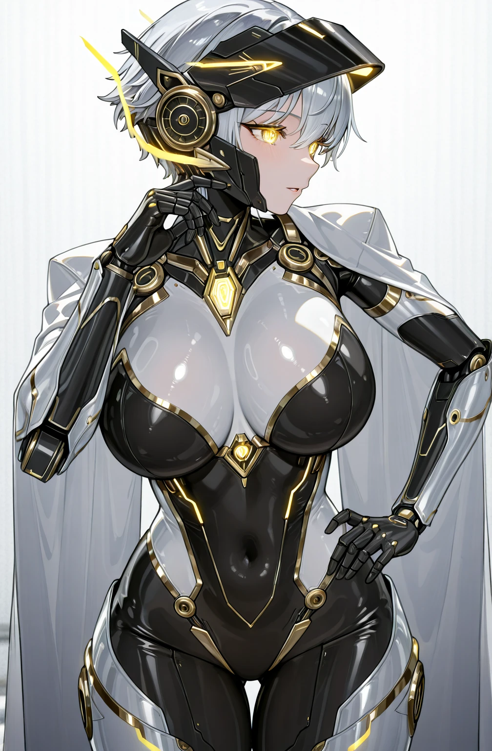 Top quality, masterpiece, fine detail, super detail, accurate depiction, highly detailed 8k wallpaper, beautiful mechanical girl, solo, green eyes, happy smile, full body, (sexy machine girl: 1.3), five perfect fingers, (white exoskeleton suit: 1.1), (mechanical joints, mechanical arms, mechanical legs: 1.4), (exposed shoulders, exposed armpits, exposed thighs), charm, (thin waist, huge chest, wide waist), rabbit ears, rabbit tail, headphones, short blond hair, (character sheet: 1.4), (concept art: 1.3),