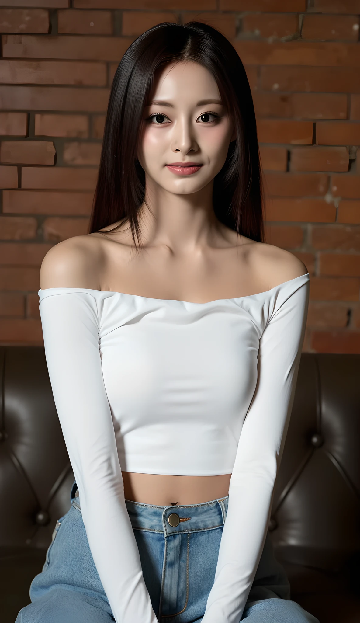 Woman sitting in front looking at the camera with a smile、 Smiling and looking into the camera、(masterpiece, Super Detailed, photorealistic, high resolution), Score 9_up, Score 8_up, centered , Cinematic Atmosphere, elegant, ( Wearing white tight clothing, Plain off-the-shoulder long sleeve t-shirt、 exposed shoulders 、 Abdominal muscles visible) Wearing wide jeans:1.3), Woman standing in front with straight dark brown hair, soft evening makeup with warm contour, shiny lips, Prominent cheekbones, Background is a brick-like wall、 ( accurate anatomy ), ( Highly detailed and sharp facial features and expression), ( Bright eyes and lips with great detail), ( Realism of fabric details:1.3), (Warmth of light:1.2),