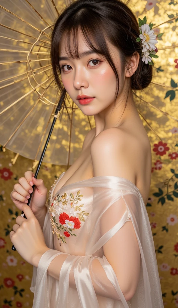 A beautiful woman wearing a traditional Japanese kimono with intricate floral patterns. She has an elegant hairstyle adorned with flowers, and delicate earrings dangle from her ears. The background features soft, pastel colors with abstract floral and natural elements, creating a serene and harmonious atmosphere. The scene captures a blend of traditional Japanese aesthetics with a modern illustration style, highlighting the woman's graceful pose and gentle expression.