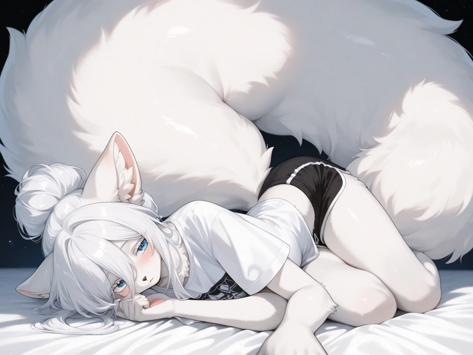 Solo, By fumiko, by hyattlen, by hioshiru, an all white wolf girl, purple eyes, white wolf ears, white wolf tail, cute snout, black nose, long white hair, top knot hair, feet paws, 4 toes, wearing elegant black underwear, sitting on a bed, indoors, barefoot, feet, feet paws, 4 toes, pink toe beans, foot focus,