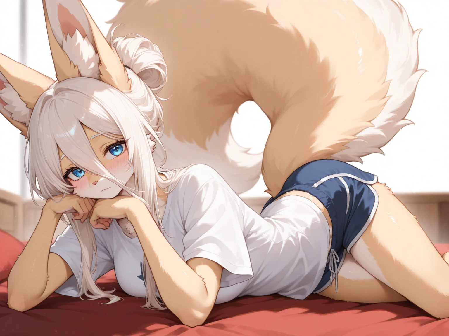 absurdities, furry, hairy female, Anthro, trends on Artstation, uploaded the e621, Detailed Portrait of a Woman Anthropologist, extreme detail, Detailed fluffy fur, whole body, Ruboroso, Eyes detallados, (shading), (Detailed lighting), (cinematic lighting), (Masterpiece, anything, RAW photo, High resolution, High details, The best quality), a high definition, (high sharpness:1.3), wolf ears, wolf tail, long_Hair, side locks, nude body, long blond_Hair, (view from behind) sleeping, (lying down) white panties,