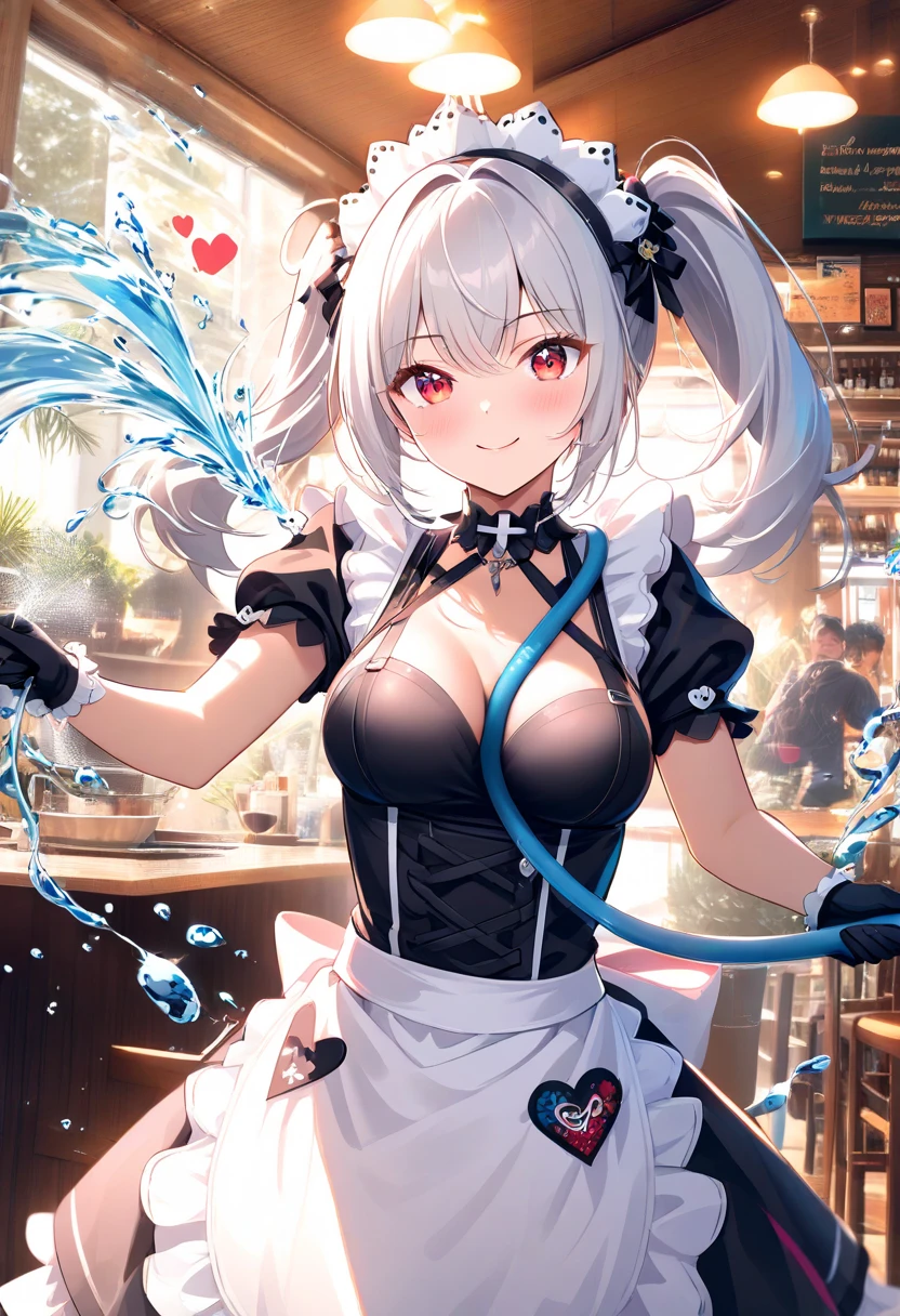 masterpiece, best quality,1girl, <lora:pouringontoself-13:1>,pouringontoself, pouring, pouring onto self, milk, bottle, milk bottle,holding, upper body,holding bottle, cleavage, smile blush