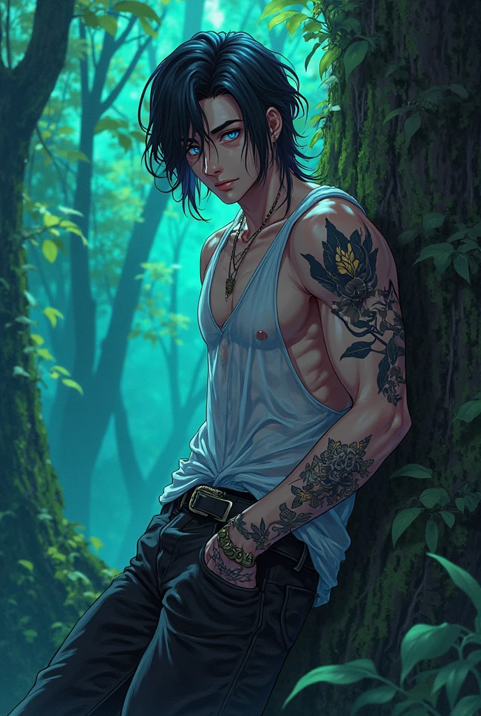 ((ultra detailed, masterpiece, absurdres))
1boy, solo, black hair, tattoo, necklace, black beard stubble, glasses, Rustic autumn forest, dynamic lighting, golden leaves, winding paths