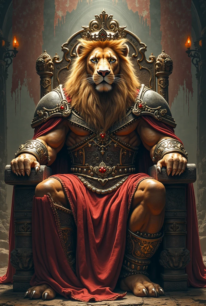 A lion fresh from battle sits majestically upon his iron-wrought throne, his mane splattered with blood and dust from battle. With a fierce and tired look, his sword rests at his side, a silent witness of the feline's boldness and bravery. The throne room is illuminated by the dim light of the torches, creating dancing shadows that enhance its imposing presence. The lion exhales forcefully, showing scars from ancient feuds. In his gaze is reflected the determination of a true king, ready to claim his place in the kingdom.