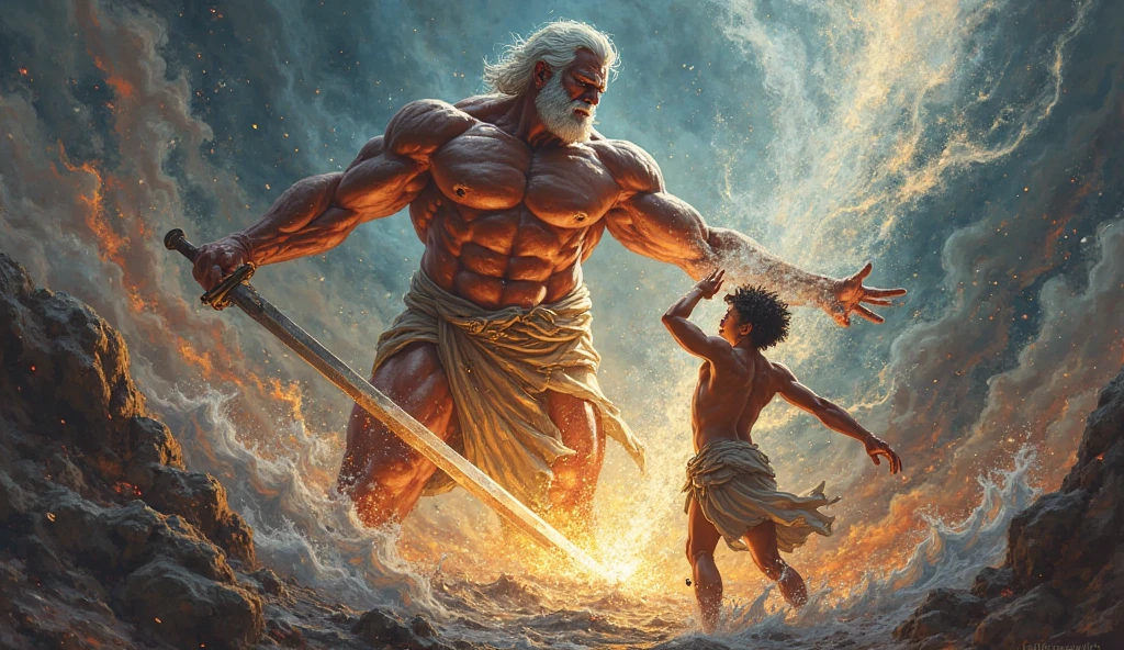 Zeus, the enemy, shoots lightning, and Hercules protects himself with a shield.