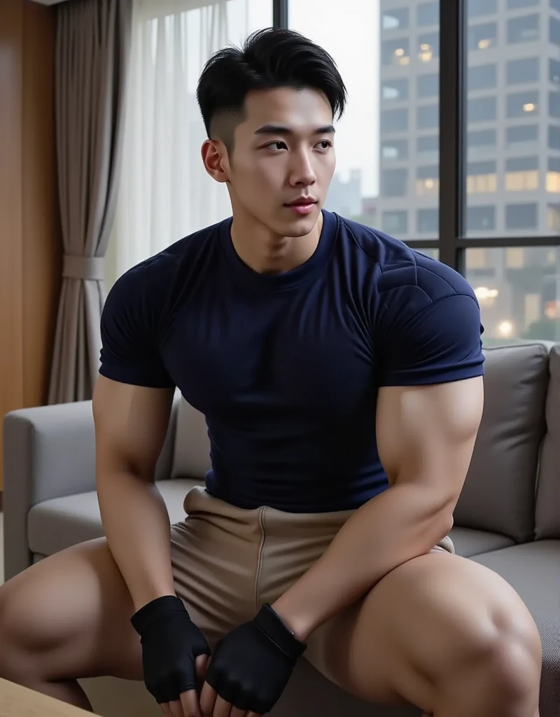 Masterpiece, Best Quality, Solo, Korean Men, bodybuilder, Muscular body, big muscle, Natural eyes, Short and delicate hair, Sexy Man, looking up at viewer, Triangle men's underwear, Large protrusions, Erection, legs open, Muscular posture