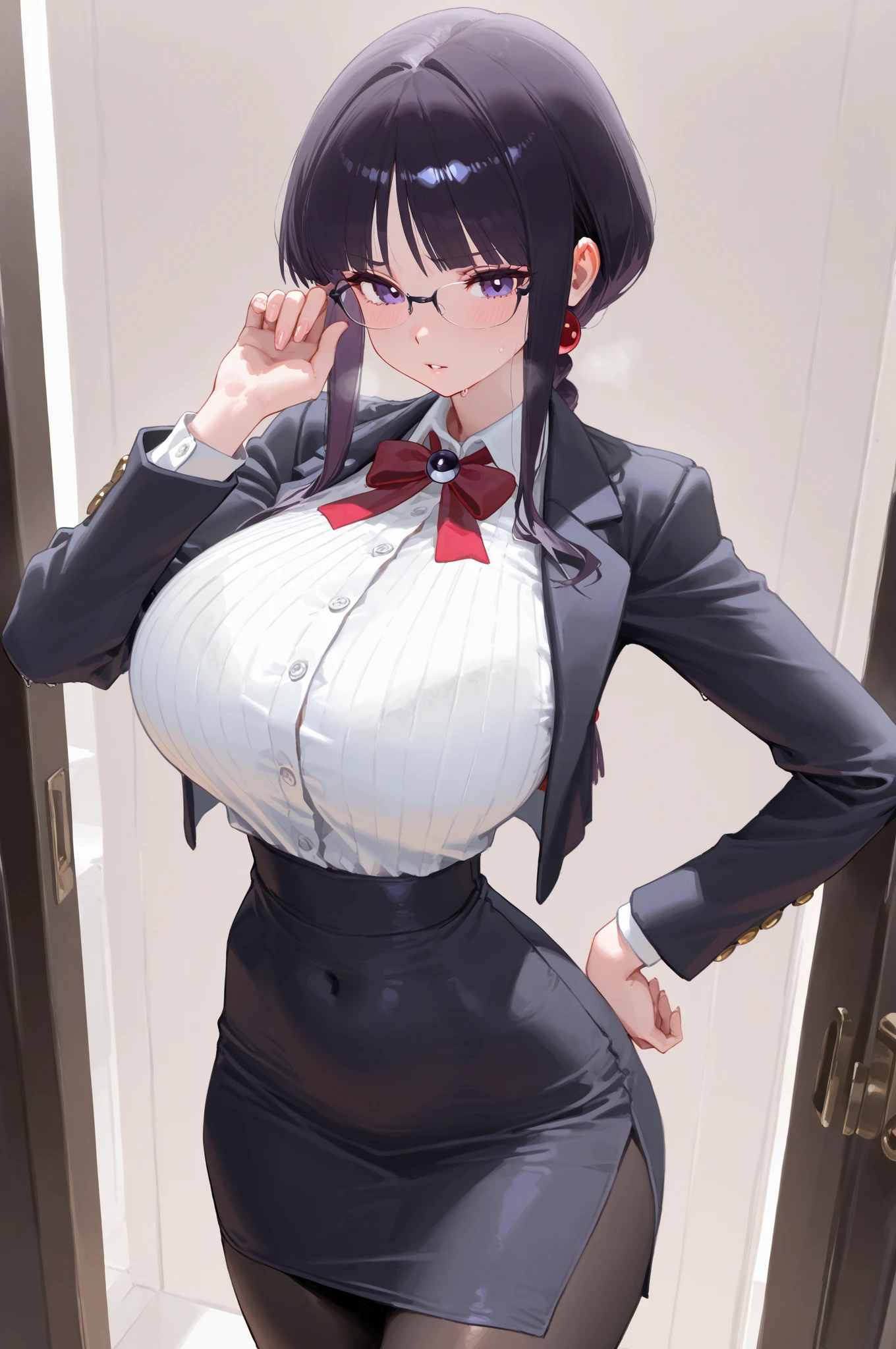 (8k, Highest quality, masterpiece:1.2),\(Narrow eyes),(\(Garment Details\)\),Cowboy Shot,(Huge breasts) ,Very detailedなCG Unity 8k 巨大なファイルサイズ,Very detailed,High resolution,Absurd,Beautiful Eyes,Ray Tracing,Dramatic Shadows,finely,Hyper Detail,(1 girl:1.3),(alone)、(Black Hair),((Long twin tails))、((School uniform、blazer))、blush、Sweat、Thick thighs、hot、((Haa))、((Simple Background))、Wide Hips、sexy、A little plump、((A little plump body))、With pride、(Look forward)、((Haa、Sigh))、((Stand up straight))、((((Face forward and spread your legs wide))))、(((Squat))),((Cowboy Shot))、とてもSweat、