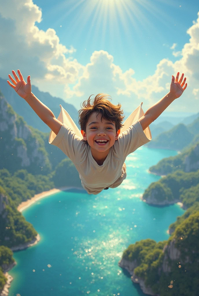 Generate the image of a Greek boy, blond, winged flying over the sea with his father
