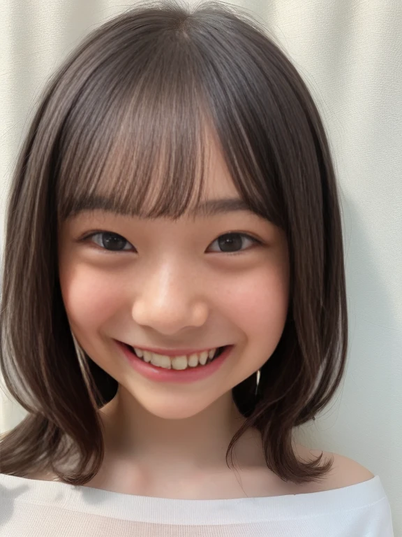 highest quality, High resolution, realistic pictures, detailed skin texture, ((Cute 6-year-old Japanese girl wears a short, off-the-shoulder white camisole)), towards the camera, view audience, slim body shape, (flat chest:1.5), charming gaze, Fair skin, baby face, close up of face, focus on face, At the bed, long straight hair, smile showing teeth