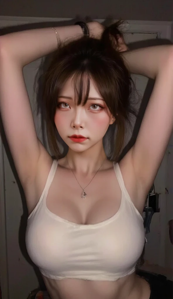 super realistic images, ginger teenager girl, cute face, beautiful skin、fine-textured skin、An ennui look、french braid、ash gray hair、green eyes, a little freckled, doing yoga, three line sweatshirt、I can see your belly button、often play sports、Jacket, highest quality、ultra high resolution、masterpiece:1.5、portrait