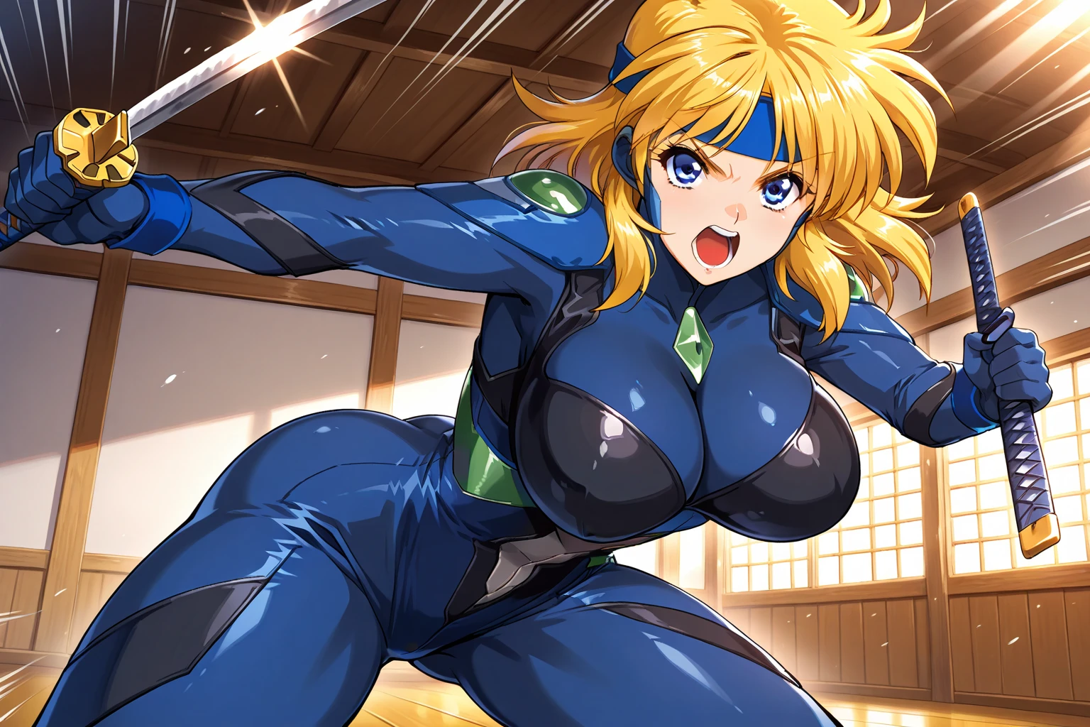 Highest quality, Very detailed, High resolution, 1990s_(style), retro artstyle, 1990s anime cels style,Satoshi Urushihara style art, Vibrant colors, Flat Color, One woman, (Huge breasts), High leg leotard, Blonde, blue eyes, Big eyes, Red nose, A clear crotch bite、Well defined nipples、((Nipples are visible:1.3))、High leg panties、Squat、Open Leg,Detailed nipples、Realistic nipples