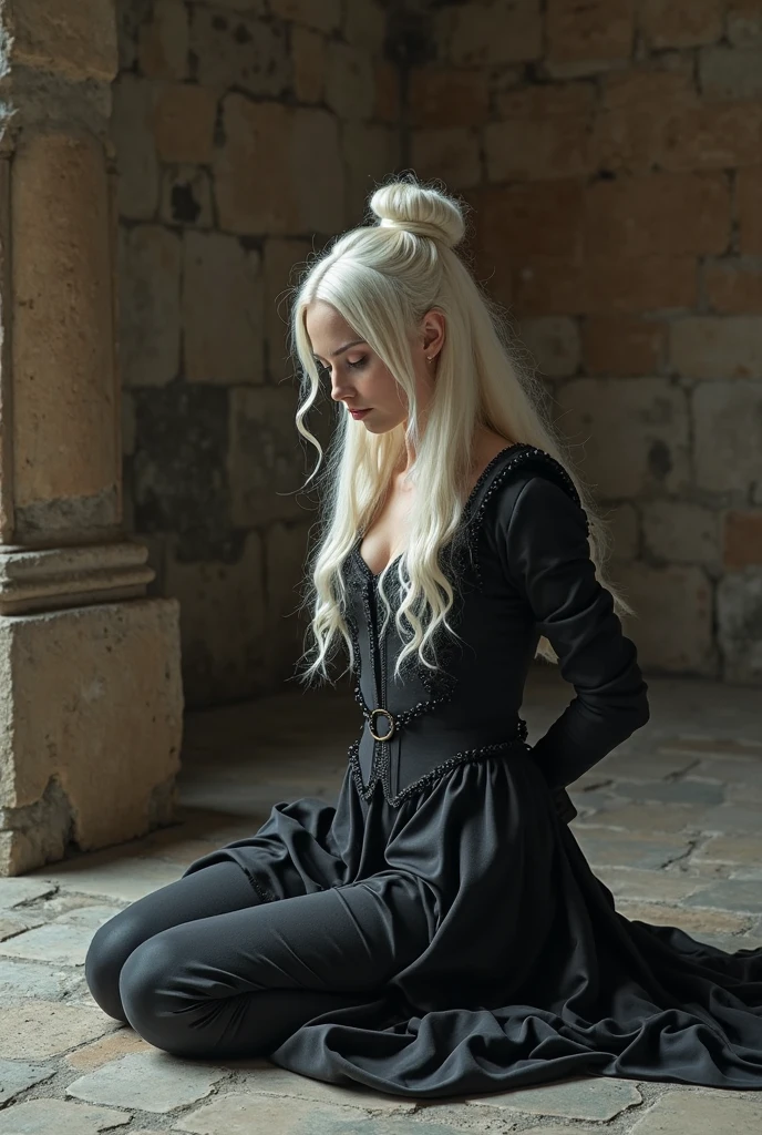 Blonde woman with shaggy hair and braid sitting on the floor with chains and blood running down her face, fantasia sombria medieval, estilo fantasia sombria, succubus | medieval, Fantasia sombria misturada com realismo, no estilo da arte da fantasia sombria, arte de estilo fantasia escura, pose sinistra, gothic maiden, retrato de fantasia escura, gothic maiden of the dark, cgsociedade inspirada, Directed by: Emma Andijewska rosto perfeito taylor momsen