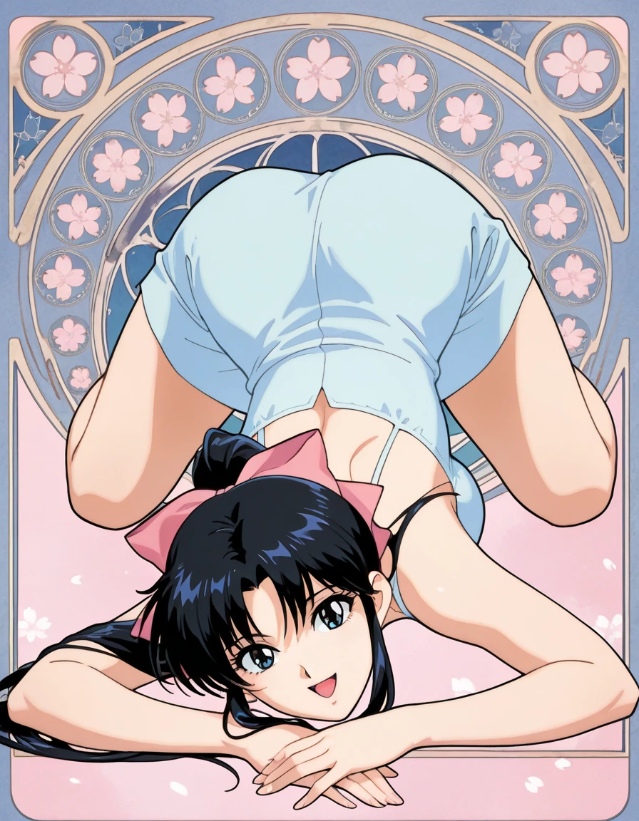 score_9, score_8_up, score_7_up, 1980's style, retro, source anime, flat color, (ultra-detailed), (masterpiece), (best quality), top quality, official art, 8k wallpaper, very detailed, (an extremely delicate and beautiful), (intense colors), (dramatic lighting). lum, anime screencap, 1girl, low age, age down, she's child, dynamic angle, Beautiful, (nsfw:0.95), cute girl, green hair, blue eyes, yellow (tiny horns), pointy ears, aqua hair, eyeshadow, gorgeous girl, kawai girl, cute face, realistic skin texture, perfect anatomy, detailed skin, detailed skin texture, cute, retro artstyle, short hair, afro, bangs, fang, red headband, medium breasts, eyeshadow, semi realistic, thick thighs, (cameltoe:1.1), back, ass, lace fishnet panties, looking at viewer, lying on its side, Expressiveh, possmach, source_explicit, smug, possummachine_style,