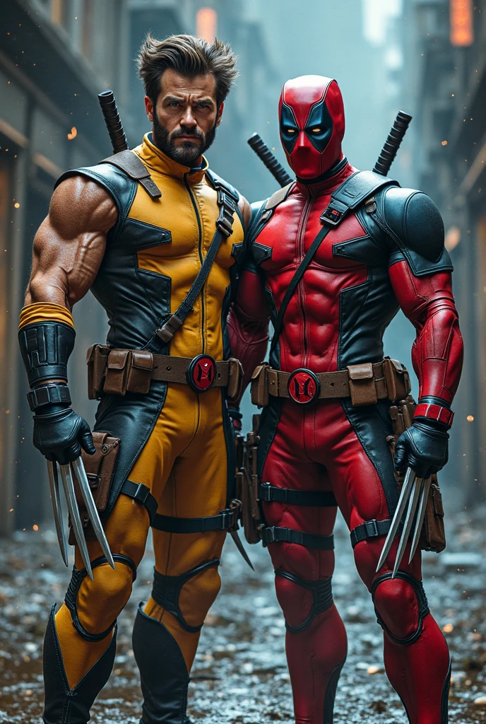 Create an image of chibi-style figures of Deadpool and Wolverine. Deadpool should be wearing his iconic red and black suit with two swords on his back, striking a confident pose with his hands on his hips. Wolverine should be in his classic yellow and blue costume, standing next to Deadpool with a fierce expression, flexing his muscles with fists clenched. The background should be a simple, gradient style with soft colors to keep the focus on the characters.