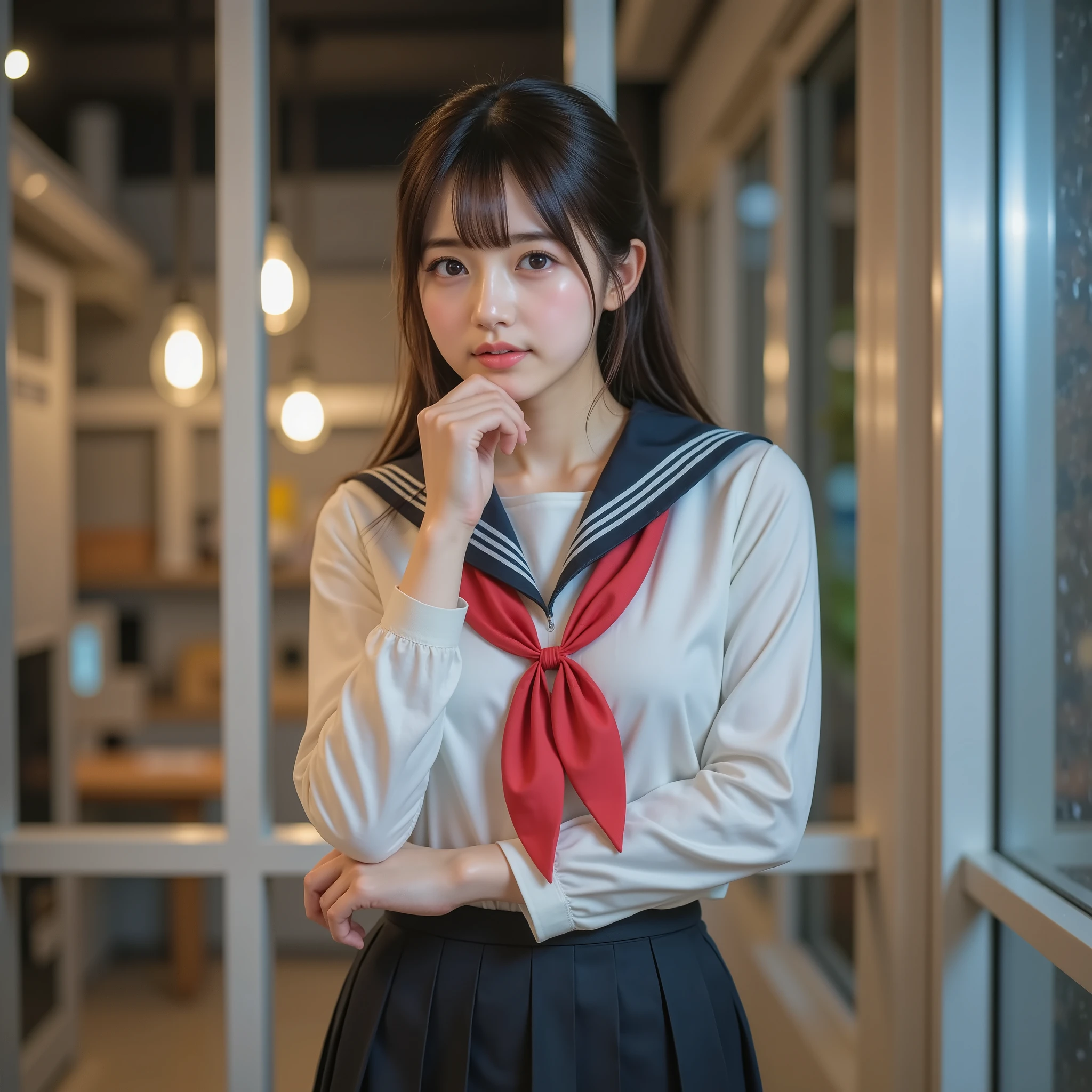 a woman in serafuku school uniform, she is wearing long sleeves white sailor collar shirt with red neckerchief and pleated skirt, and black thighhighs and black loafers shoes,(超現実的), (ホワイトグリッターラメミニJK制服, serafuku), (高解像度), (日本人トップアイドル, ), (非常に詳細な), (The best イラストneautiful detailed eyes), (最高品質), (非常に詳細な), (傑作), ハイスクール, (詳細な顔), ソロ, セクシー , 巨乳,白いウェーブのかかった髪, 二色性眼, ロングレッグ, 強い腹筋, ダイナミックなポーズ,ミニスカート姿,セーラー服,一人の女子高生,下着が見える,ストリートスタイル,回顧的な視点,(風になびくスカート,お尻の見えるスカート,)ヤンジュン・チェンのさまざまなポーズ,ミニスカート,セクシーパンティー,(((スカートを手で持ち上げる)))