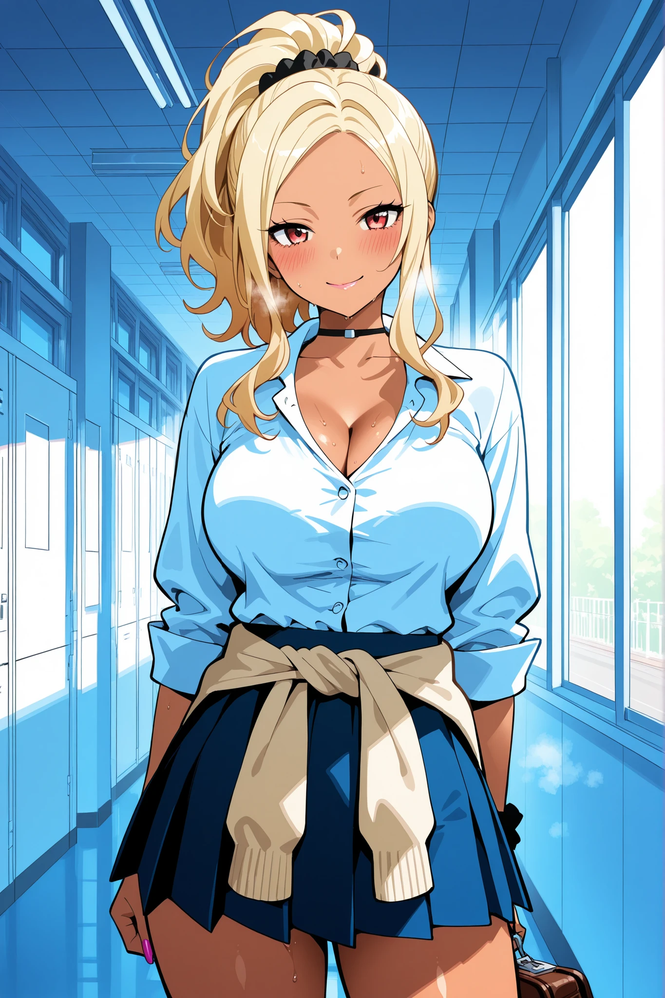 stylish gyaru, blonde gyaru hair, high ponytail, red eyes,、tied hair、white blouse, long sleeves, buttons, bra, pleated skirt, sweater tied at waist、、masterpiece、newest、lively、is very aesthetic、high contrast、((higheSt quality, maSterpiece))、Mature Woman、cute、clotheS for 40'S、lockers, school, hallway、blush、sweat、shame、smell、Road Ground、sense of repulsion、smile, sensual pose, top tilts down