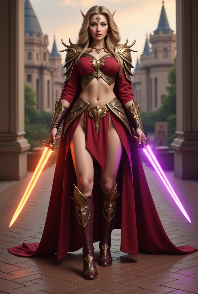 ((best quality)), ((masterpiece)), (detailed), perfect face A full-body shot of Princess Zelda, blonde hair, red eyes, dressed as sexy skimpy bikini modelling, 30 years old, mature, XL bust, gripping a one red light saber in only one hand, wearing a black cloak with red details, fighting, in a battle stance, Background: Inside the death star space station, Unreal Engine 5, Anime, Anime style, Masterpiece, Well drawn eyes, well drawn face, well detailed eyes, well detailed face, 8k, light and shadow effect.