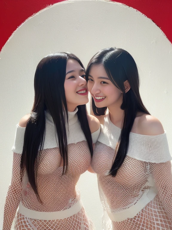 Asian naked women, rinsing their bodies in the shower, naked bodies wet with water, in the open, standing with their hands raised behind their heads, legs open, surrounded by graffiti walls, three beautiful women, naked breasts and vaginas visible, from the front, perfect distance view